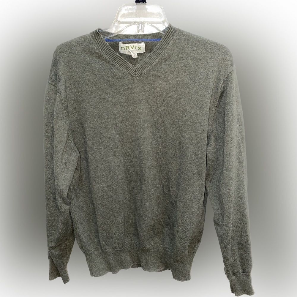 Orvis 100% Cotton Sweater Patch Elbows V Neck Olive Green Size Medium